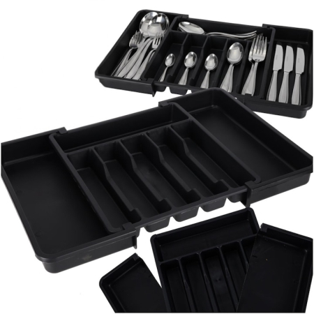 Casa & Bucatarie - Organizator de tacamuri extensibil pentru sertar VarioShop®, 8 compartimente, latime reglabila 33–56.5 cm, plastic durabil, design extensibil si ergonomic, negru