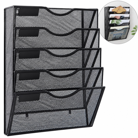 Organizare birou și arhivare - Organizator documente A4 VarioShop®, de perete, 5 compartimente, spatii pentru etichete, plasa metalica, 32,5 x 41,5 x 10,5 cm, negru