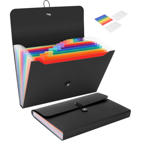 Organizare birou și arhivare - Organizator documente A4 VarioShop®, tip acordeon, 13 compartimente, etichete pentru organizare, inchidere cu elastic, material impermeabil, negru