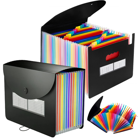 Organizare birou și arhivare - Organizator documente A4 VarioShop®, tip acordeon, 24 compartimente, etichete pentru organizare, inchidere cu elastic, material PP impermeabil, 24,5 x 33 x 4-14 cm, negru