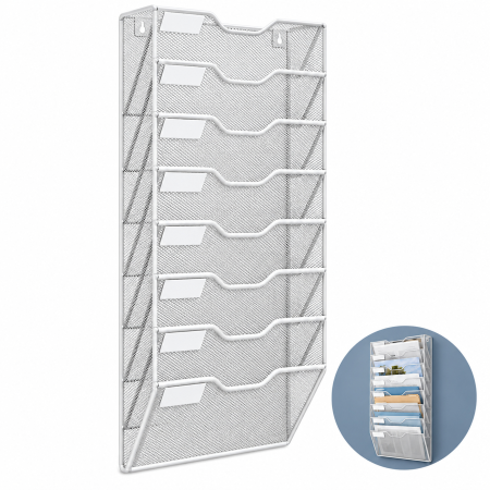 Organizare birou și arhivare - Organizator documente de perete VarioShop®, 8 compartimente A4, spatii pentru etichete, plasa metalica, accesorii montaj incluse, 64 x 31,5 x 9 cm, alb