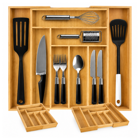 Rafturi si organizatoare bucatarie - Organizator extensibil pentru tacamuri, ustensile bucatarie VarioShop® din bambus si MDF pentru sertar de bucatarie, 6–8 compartimente, reglabil 33,5–50 cm, natur