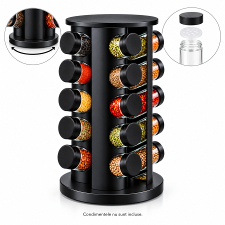 Rafturi si organizatoare bucatarie - Organizator pentru condimente VarioShop®, cu 20 de borcane din sticla de 90 ml, suport rotativ 360°, 72 de etichete incluse, design compact, 19,5 x 19,5 x 34 cm, negru mat