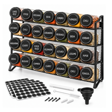 Organizator pentru condimente VarioShop®, cu 28 borcane din sticla, suport orizontal pentru perete, 4 niveluri, autocolante incluse, design compact, 35.5 x 27 x 23 cm