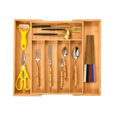 Organizator pentru tacamuri din bambus VarioShop®, 7 compartimente, extensibil, ergonomic, aspect estetic, usor de curatat, lemn, 23.5/39 x 37 cm, Crem