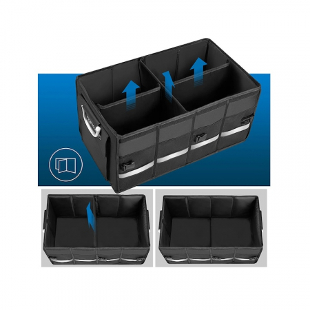 Organizator portbagaj auto VarioShop®, geanta multifunctionala, 3 compartimente, pliabil, impermeabil, capacitate 60L, banda reflectorizanta, material Oxford 1680D, 60 x 35 x 30 cm, Negru [9]