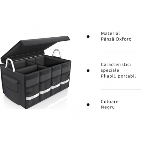 Organizator portbagaj auto VarioShop®, geanta multifunctionala, 3 compartimente, pliabil, impermeabil, capacitate 60L, banda reflectorizanta, material Oxford 1680D, 60 x 35 x 30 cm, Negru [8]