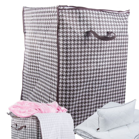 Organizatoare imbracaminte si incaltaminte - Organizator textil pliabil VarioShop®, pentru haine, lenjerii si paturi, capacitate 180L, material respirabil, cu fermoar dublu si manere laterale, Alb/Negru