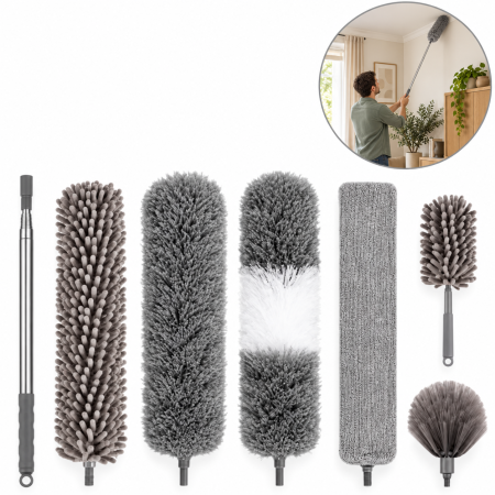 Maturi, mopuri si accesorii curatenie - Pamatuf 6in1 VarioShop®, pentru curatat praful, pentru tavane, mobilier si spatii inguste, Reutilizabil Dupa Spalare, Extensibil Pana la 245 cm, Gri
