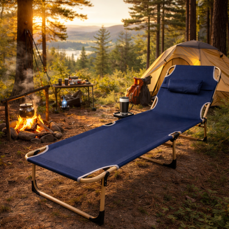 Pat de camping pliabil VarioShop®, cu cadru din otel, reglare spatar 4 pozitii, suport pana la 120 kg, material Oxford rezistent, perna inclusa, usor de transportat