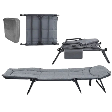 Pat de camping VarioShop, Reglabil, Buzunar depozitare, Pliabil, Sarcina maxima 120 kg, 190 x 65 x 28 cm, Gri