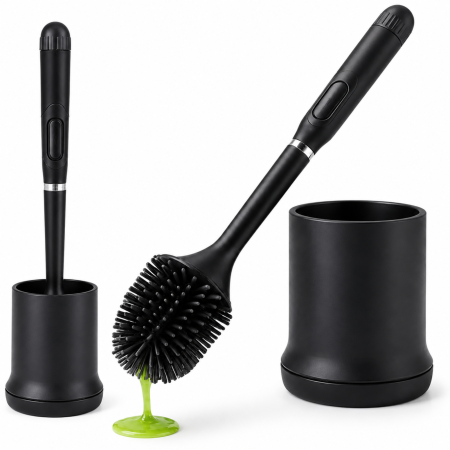 Perie de toaleta VarioShop®, pentru baie si WC, cu rezervor pentru solutie, suport suspendat, cap din cauciuc, tava detasabila, negru, 43 x 10 x 10 cm