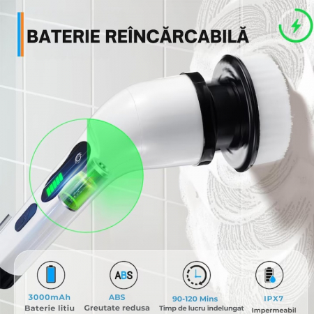 Perie electrica de curatat VarioShop®, Aparat Reincarcabil cu 9 Capete Interschimbabile, Fara Fir, 2 viteze, Zgomot Redus, Baterie 2600mAh, Alb [1]
