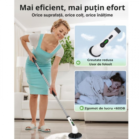 Perie electrica de curatat VarioShop®, Aparat Reincarcabil cu 9 Capete Interschimbabile, Fara Fir, 2 viteze, Zgomot Redus, Baterie 2600mAh, Alb [6]