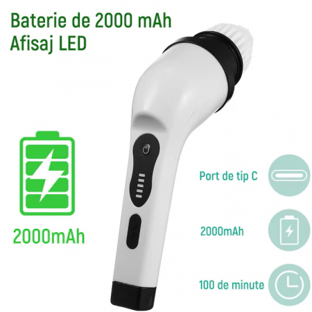 Perie electrica de curatat VarioShop®, Aparat Reincarcabil cu 9 Capete Interschimbabile, Fara Fir, 2 viteze, Zgomot Redus, Baterie 2600mAh, Alb [8]