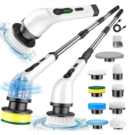 Perii electrice - Perie electrica de curatat VarioShop®, Aparat Reincarcabil cu 9 Capete Interschimbabile, Fara Fir, 2 viteze, Zgomot Redus, Baterie 2600mAh, Alb