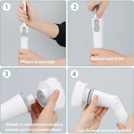 Perie Electrica Rotativa VarioShop®, 6 Capete Inlocuibile, pentru Zone Inaccesibile, Maner Extensibil, Baterie Reincarcabila, Rezistenta la Apa, Alb [6]