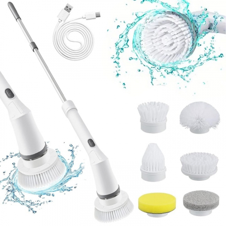 Maturi, Mopuri si galeti - Perie Electrica Rotativa VarioShop®, 6 Capete Inlocuibile, pentru Zone Inaccesibile, Maner Extensibil, Baterie Reincarcabila, Rezistenta la Apa, Alb