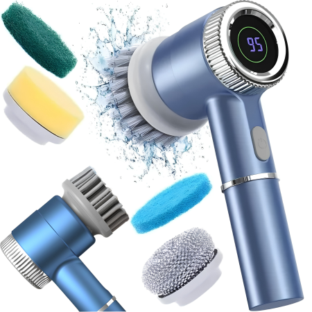Perii electrice - Perie electrica rotativa VarioShop®, fara fir, 5 capete incluse, 3 viteze, display LED, incarcare USB, rezistenta la apa, pentru bucatarie si baie, albastru