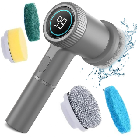 Perii electrice - Perie electrica rotativa VarioShop®, fara fir, 5 capete incluse, 3 viteze, display LED, incarcare USB, rezistenta la apa, pentru bucatarie si baie, gri