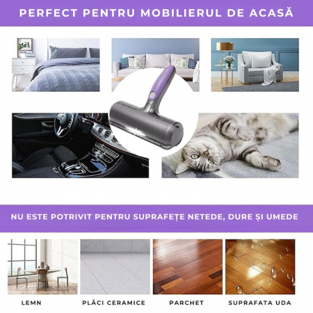 Perie pentru curatarea parului de animale VarioShop®, cu lumina LED, curatare rapida, reutilizabila, 19 x 7.5 cm, Gri/Mov [7]