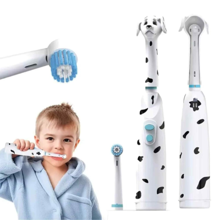 Periute de dinti electrice - Periuta de dinti electrica pentru copii VarioShop®, cap rotativ, peri moi, rezistenta apa IPX5, design dalmatian, cu cap de rezerva si capac, functionare pe baterii 