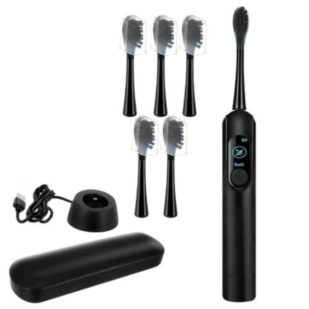 Periute de dinti electrice - Periuta de dinti sonica electrica Varioshop neagra 90.000 rpm, 6 moduri de periaj, incarcare inductiva, 6 capete incluse, baterie 1200 mAh, IPX7 rezistenta la apa