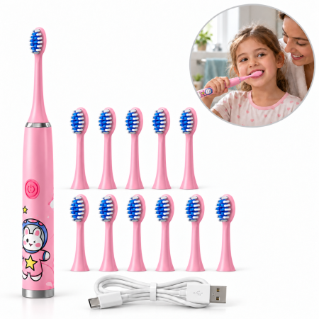 Periute de dinti electrice si irigatoare - Periuta electrica cu 12 capete pentru copii VarioShop®, pentru igiena dentara, 5 moduri, temporizator, incarcare USB, 32.000 vibratii/minut, roz