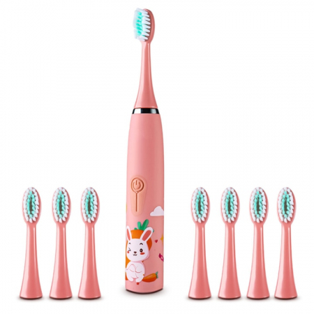 Periute de dinti electrice - Periuta electrica sonica pentru copii VarioShop®, 8 capete de periere, perii moi, 4 moduri de curatare, smart timer, rezistent la apa IPX7, reincarcabila, 32000 pulsatii/min, Roz