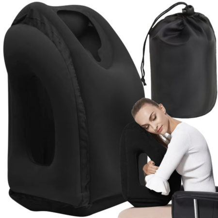 Accesorii articole de voiaj - Perna gonflabila de calatorie VarioShop®, ergonomica, suport cap si umeri, pentru avion, masina, tren si autobuz, cu decupaj fata si orificii pentru brate, neagra, 50x35x25 cm