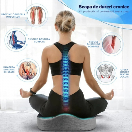 Perna ortopedica sezut VarioShop®, spuma cu memorie premium, pentru scaun de birou sau masina, husa respirabila si antialunecare, protectie zona lombara, sciatica, dureri de sold, hemoroizi 46x38x8 cm [2]