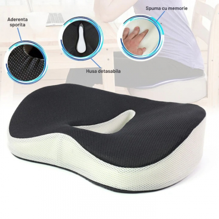 Perna ortopedica sezut VarioShop®, spuma cu memorie premium, pentru scaun de birou sau masina, husa respirabila si antialunecare, protectie zona lombara, sciatica, dureri de sold, hemoroizi 46x38x8 cm [13]