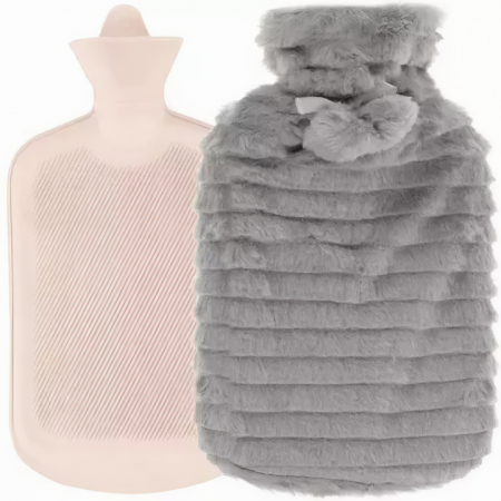 Incalzitoare corporale - Pernuta cu apa calda si rece din cauciuc VarioShop®, Husa de plus, Calmeaza durerile menstruale si musculare, Inchidere etansa, Dimensiuni 38x20x2 cm, Capacitate 2l, Culoare gri-bej