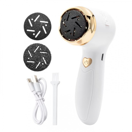 Aparate pentru manichiura-pedichiura - Pila electrica portabila VarioShop®, pentru calcaie si talpi, cu 2 capete detasabile, perie de curatare, 2 viteze, 2000 rotatii/min, incarcare USB, culoare Alb
