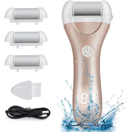 Aparate pentru manichiura-pedichiura - Pila electrica VarioShop®, pentru talpi si calcaie, afisaj LED, acumulator, 2 viteze, 2000 rot/min, 3 capete incluse, impermeabil, auriu