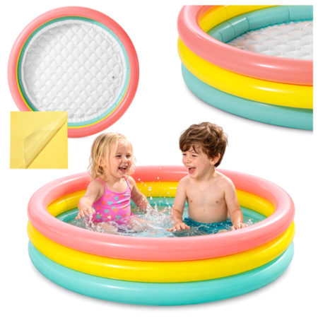 Piscina gonflabila pentru copii VarioShop®, 114 x 25 cm, 3 inele gonflabile, fund moale, capacitate 131 L, PVC rezistent, multicolor