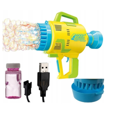 Jucarii interactive bebelusi - Pistol baloane de sapun Varioshop®, 48 orificii, automat, reincarcare USB, lumina LED, rezervor 150 ml, jucarie copii exterior, galben cu albastru, 24x22x10 cm
