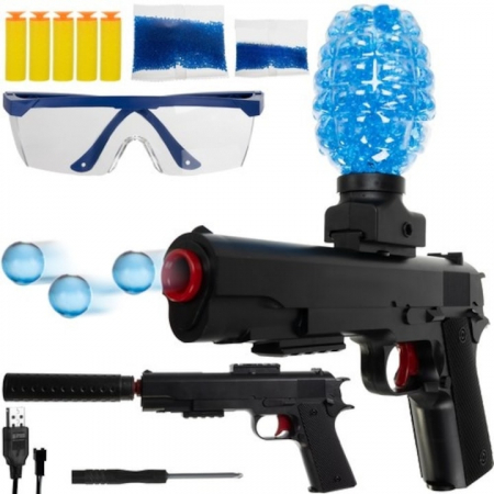 Arme de jucarie - Pistol cu Bile Gel si Gloante din Spuma VarioShop®, Raza de actiune 15 m, Ochelari de protectie, 6000 de bile cu Gel, 5 Gloante moi, Diametru 7-8 mm, Accesorii incluse, Dimensiuni 40 x 26.5 x 4 cm, Ca
