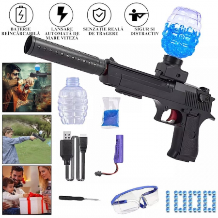 Pistol cu Bile Gel si Gloante din Spuma VarioShop®, Raza de actiune 15 m, Ochelari de protectie, 6000 de bile cu Gel, 5 Gloante moi, Diametru 7-8 mm, Accesorii incluse, Dimensiuni 40 x 26.5 x 4 cm, Ca [1]