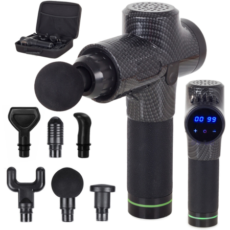 Aparate de masaj - Pistol de masaj corporal profesional LCD VarioShop®, 30 nivele de viteza, 6 capete interschimbabile, functionare silentioasa, set complet cu husa, Negru