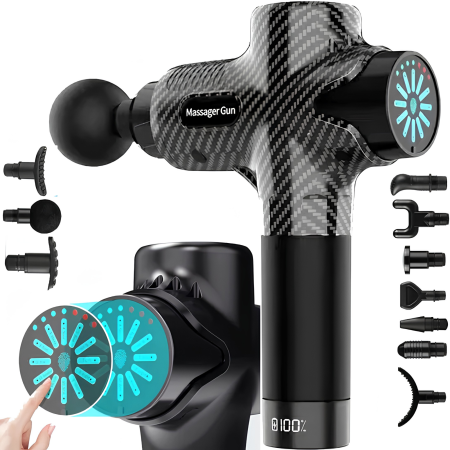 Aparate de masaj - Pistol masaj corporal VarioShop® negru profesional, ecran tactil, 12 capete interschimbabile, masaj percutie profund, intensitati multiple, recuperare musculara si relaxare, portabil cu husa transport