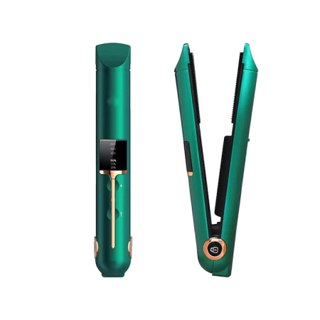 Frumusete & Ingrijire - Placa de indreptat parul ceramica 2 in 1 cu afisaj LCD, baterie externa si reglaj temperatura, fara fir, portabila, pentru coafuri elegante si onduleuri perfecte, Verde