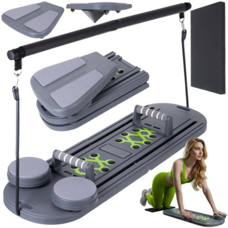 Sport & Travel - Placa Multifunctionala Pilates  VarioShop®, cu Manere, Role pentru Abdomene, Benzi Elastice, Pliabila, Antiderapanta, pentru Fitness si Antrenament Acasa, 97x35 cm, Gri