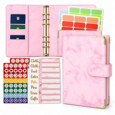 Organizare birou și arhivare - Set agenda planificator buget A6 VarioShop®, pentru organizarea banilor si cheltuielilor, coperta flexibila, 6 inele, plicuri transparente si autocolante, 19 x 14 x 4,3 cm, roz