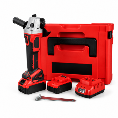 Utilaje si materiale de constructii - Polizor unghiular fara perii VarioShop®, pentru taiere si slefuire metal, beton si piatra, disc 125 mm, 21V, 2 baterii 3.0Ah, rosu/negru
