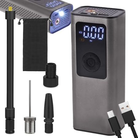 Compresoare auto - Pompa electrica portabila reincarcabila cu afisaj LCD VarioShop®, 150 PSI/10 BAR, cu functie de oprire automata si lanterna LED, ideala pentru masini, biciclete, mingi si trotineta electrica, Negru