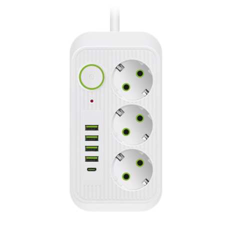 Bricolaj & Gradina - Prelungitor 2 m VarioShop®, 3 prize, 4 porturi USB si 1 port USB-C, solutia inteligenta pentru incarcare multipla, cu protectie completa si design compact, Alb