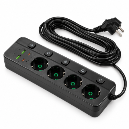Prelungitoare - Prelungitor 4 prize VarioShop®, cu intrerupatoare individuale, 2 USB-A si 2 USB-C, cablu 3 m, 2500 W, negru