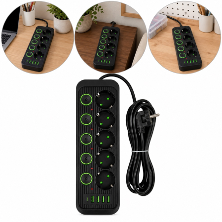 Bricolaj & Gradina - Prelungitor 5 m VarioShop®, 5 prize cu intrerupatoare individuale, 4 porturi USB-A si 1 USB-C, solutie inteligenta pentru incarcare multipla, design compact, negru