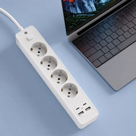 Prelungitoare - Prelungitor multifunctional VarioShop®, pentru casa si birou, cu 4 prize europene, 2 USB-A, 2 USB-C si protectie la supratensiune, 2500W